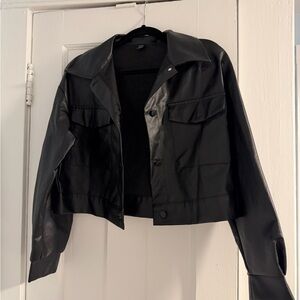 SHEIN Black Faux Leather Cropped Trucker Jacket